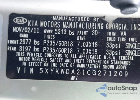 2012 Kia Sorento Sx V6 z USA, uszkodzony, nr VIN 5XYKWDA21CG271209